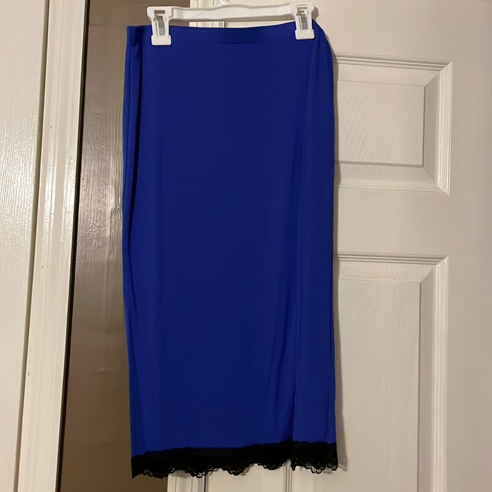Royal blue elastic waist pencil skirt with black lace hem